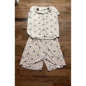 Mickey Mouse Pink White Stripped Pajamas Set Shorts Top Medium